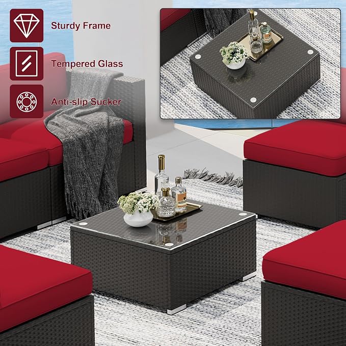 SUNCROWN 7-Piece Outdoor Patio Furniture Sofa Set All-Weather Wicker Sectional Conversation Set with Modern Glass Coffee Table, Cushions and Waterproof Cover,Red