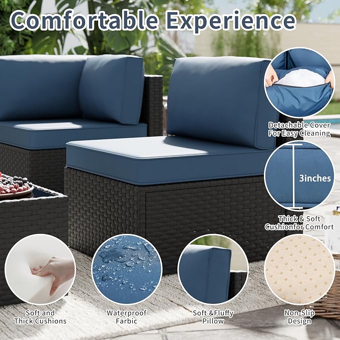 SUNLEI 5 Piece Outdoor Patio Furniture Set with Fire Pit Table, Black PE Rattan Wicker Conversation Sofa Set with Blue Cushions, All Weather Sectional Patio Couch for Backyard, Deck, Garden, Porch
