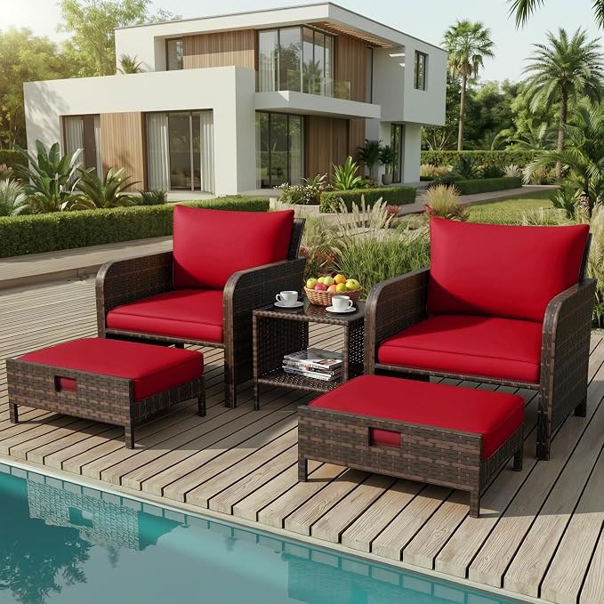 LEVELEVE Patio Conversation Set 5 Piece, Balcony Furniture Outdoor PE Rattan Wicker Lounge Chairs with Soft Cushions, 2 Ottomans & Glass Table for Porch Lawn, Brown (Wine Red Cushions