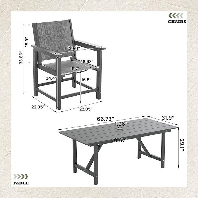 UDPATIO HDPE Outdoor Dining Set Patio Furniture Heavy Duty | Table Easy to Assembly Umbrella Hole All-Weather for Pool Garden Backyard Indoor Kitchen Light-grey
