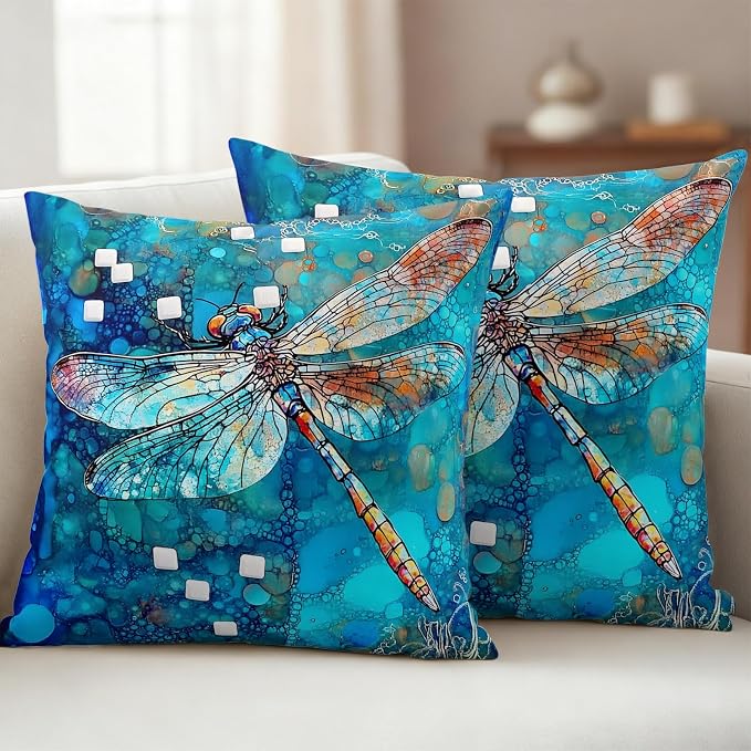 Blue Dragonfly Outdoor Pillow Covers Set of 2 Country Vintage Watercolor Dragonfly Wings Waterproof Throw Pillow Cover Decorative Cushion Cases for Patio Porch Garden 20X20 Inch