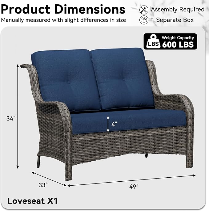 Wicker Patio Loveseat, 2 Seat Outdoor Couch with Thickened Olefin Cushions, High Back and Deep Seating, Hand-Woven PE Rattan for Porch, Deck, Balcony