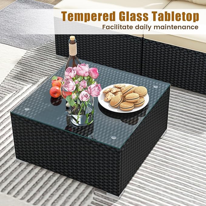 5 Pieces Patio Furniture Set, Outdoor Sectional Sofa with Tempered Glass Coffee Table & Cushions, Wicker Patio Conversation Set for Porch, Deck, Balcony, Poolside & Backyard