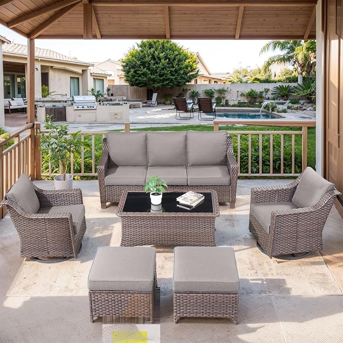 6 Pieces Outdoor Furniture Set-Deep Seating 3-Seat Couch with Patio Swivel Chairs Outdoor Coffee Table for Porch Garden Backyard Poolside-Brown/Grey