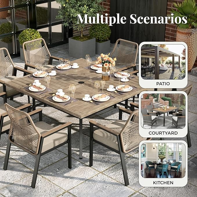 MIXPATIO 9 Pieces Outdoor Patio Dining Set, Wicker Patio Table and Chairs Set of 8, 6 Swivel and 2 Fixed Chairs with 3.2" Cushion and 83"x40" Rectangular Table for Yard, Porch, Beige