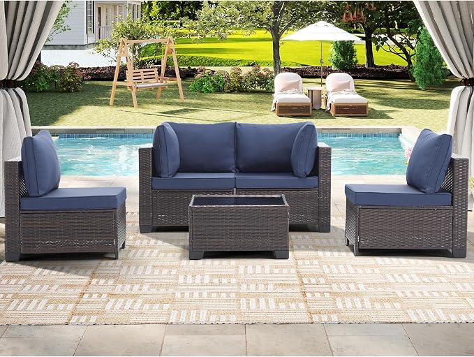 CANMOV 5 Pieces Patio Furniture Sets, All Weather Outdoor Patio Conversation Set, Wicker Rattan Sectional Sofa Couch Glass Coffee Table and Washable Cushions for Backyard Garden, Porch, Navy Blue