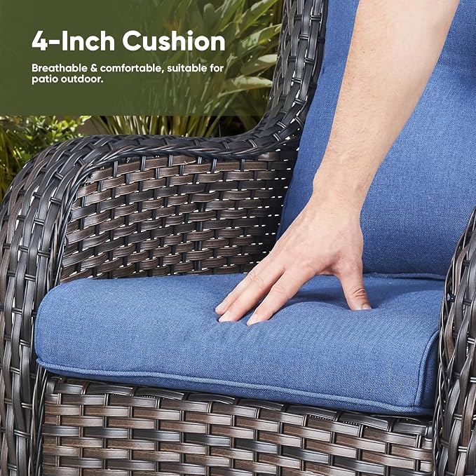 Rilyson Outdoor Wicker Patio Chairs Set of 2: High Back, Deep Seating, Wide Armrest, Thick Comfort Cushions, Ideal for Porch Deck Backyard Garden(Brown/Blue)