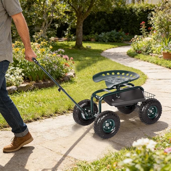 kinbor Rolling Garden Scooter Garden Cart with Tray, 360 Swivel Seat, Green