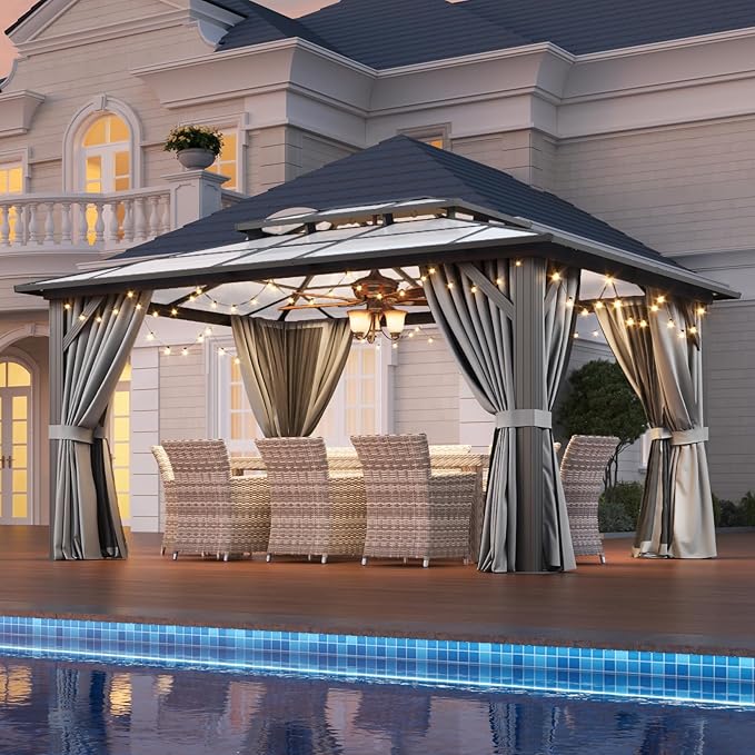 Aoxun 12'x14' Hardtop Gazebo, Outdoor Metal Gazebo with Double Polycarbonate Roof Canopy, Permanent Pavilion with Netting and Curtains for Lawn, Garden, Patio (Gray)