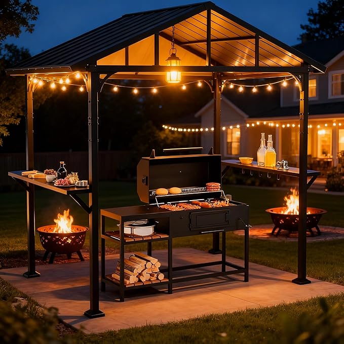 8' x 5' Hardtop Grill Gazebo,Outdoor BBQ Canopy Shelter with 2 Side Shelves and 5 Side Hooks,Patio Pavilion with Galvanized Steel Roof for Patio Lawn Backyard Garden
