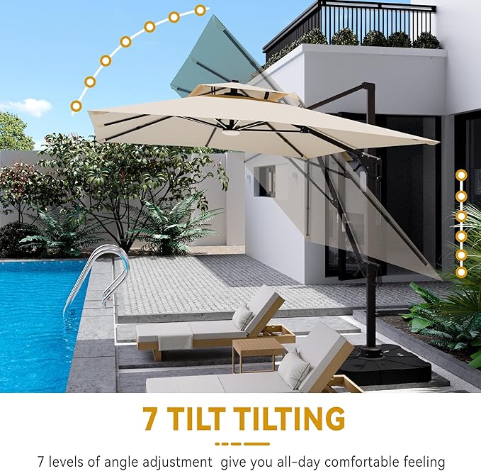 10x13 FT Cantilever Patio Umbrella with Led Lights Double Top Outdoor Rectangular Large Heavy Duty Aluminum Offset Umbrellas with 7 Level Tilt 360-degree Rotation for Pool Garden Deck, Beige