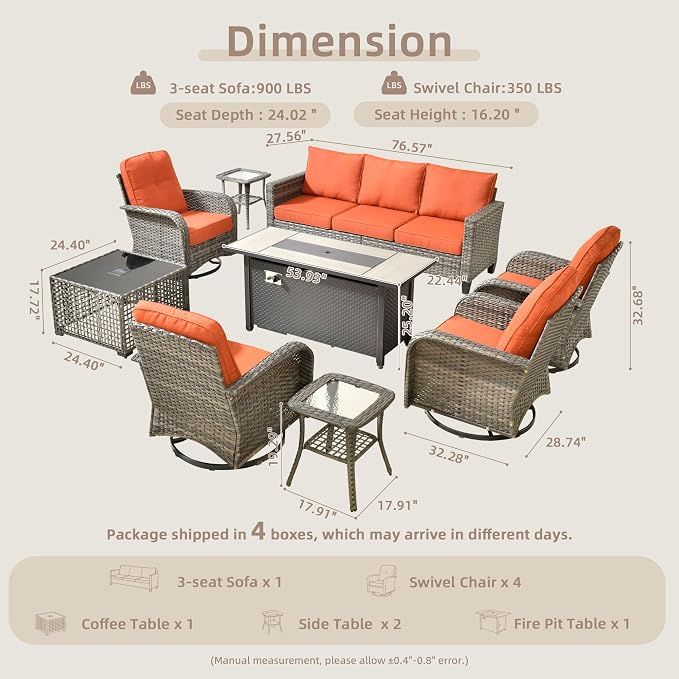 CAODOC 9 Pieces Outdoor Furniture,Patio Furniture with 54" Fire Pit Table,Wicker Conversation Set for Balcony,Deck,Pool and Backyard(Orange)