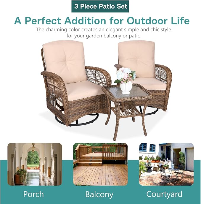MEETWARM 3 Pieces Outdoor Wicker Swivel Rocker Patio Set, Rocking Chairs Rattan Patio Furniture Sets with Thickened Cushion and Glass-Top Coffee Table, Conversation Bistro Set for Porch (Light Brown)