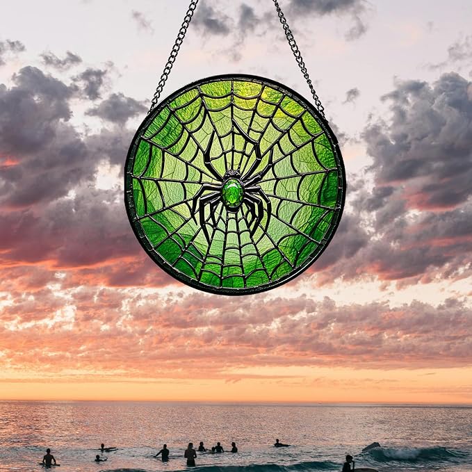 Stained Glass Window Hanging - Black Green Horror Spider Web Suncatcher for Doors Garden Patio Sun Catchers Decor Christmas Halloween Birthday Gifts for Women Men Mom Nana Friend 9.8 in