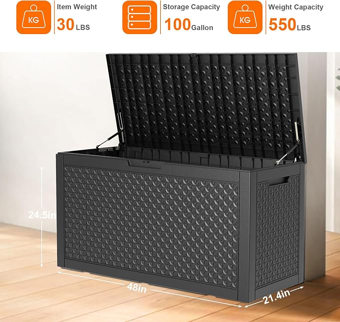PatioZen 100 Gallon Resin Deck Box Outdoor Storage Box with Lockable Lid, Waterproof for Patio Cushions, Gardening Tools & Exercise Equipment