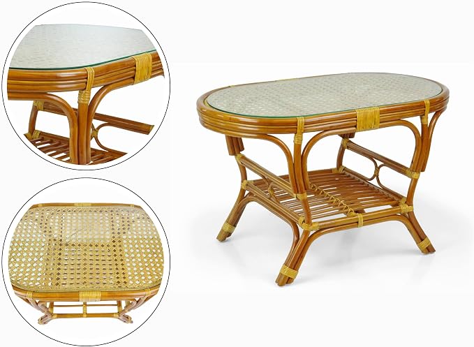Malibu Lounge Set of 4: 2 Natural Rattan Wicker Chairs, Three-Seater Sofa with Cushions, and Coffee Table with Glass Handmade, Colonial Color