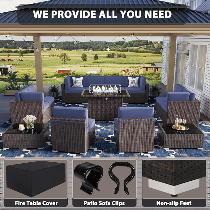 13 Pieces Patio Furniture Set with 44" Propane Gas Fire Pit Table, Outdoor Sectional Wicker Conversation Sofa Sets with Coffee Table
