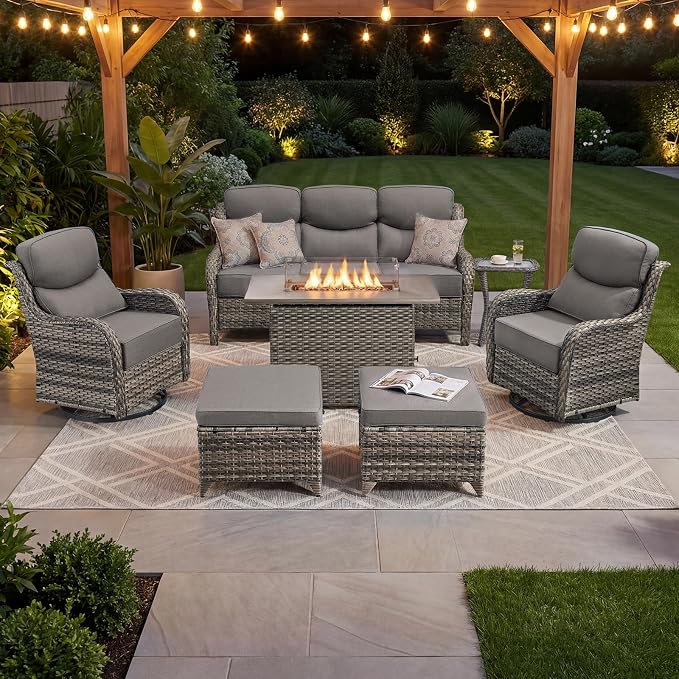 Luxury Patio Furniture Set with 6-inch Thick Cushion, Outdoor Furniture with Fire Pit Table, Swivel Chairs, Sofa, Side Table, Ottomans, 7pcs Wicker Conversation Set (Grey Wicker/Grey Cushion)
