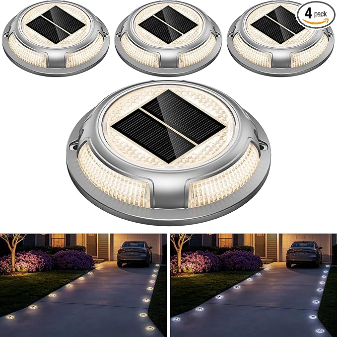 Solar Driveway Lights, 4 Pack Heavy Duty Driveway Lights Solar Powered 2 Color Mode (Cool/Warm White) IP68 Waterproof Outdoor Solar Deck Lights with Ground Stake for Pathway Garden Yard Walkway Dock