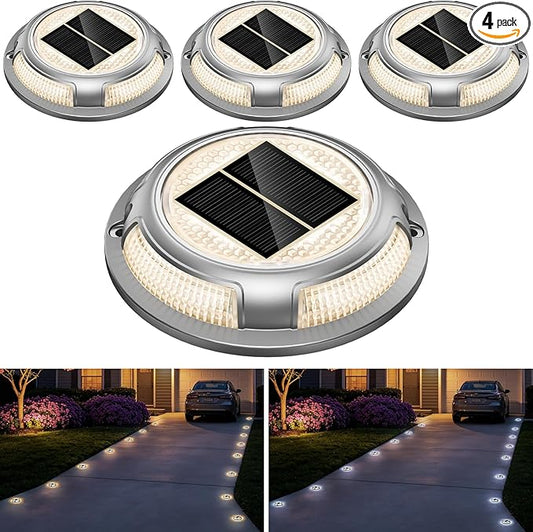 Solar Driveway Lights, 4 Pack Heavy Duty Driveway Lights Solar Powered 2 Color Mode (Cool/Warm White) IP68 Waterproof Outdoor Solar Deck Lights with Ground Stake for Pathway Garden Yard Walkway Dock