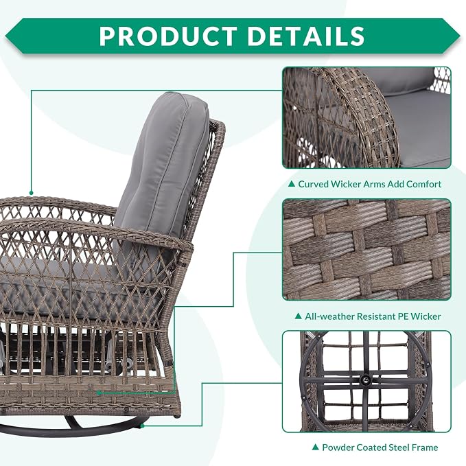 VIVIJASON 3-Piece Outdoor Conversation Bistro Set, Patio Swivel Glider Rocking Chairs Rattan Furniture Sets w/ 2 Rattan Chairs, Glass Top Side Table for Porch Backyard, Gray Wicker & Gray Cushions