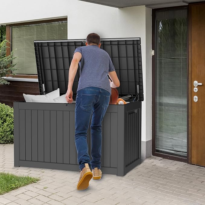 230 Gallon Deck Box, Waterproof Resin Large Outdoor Storage Box, Lockable Patio Storage for Furniture Cushions, Gardening Tools, Pool Supplies, Black, 57.5"x31.9"x33.9"
