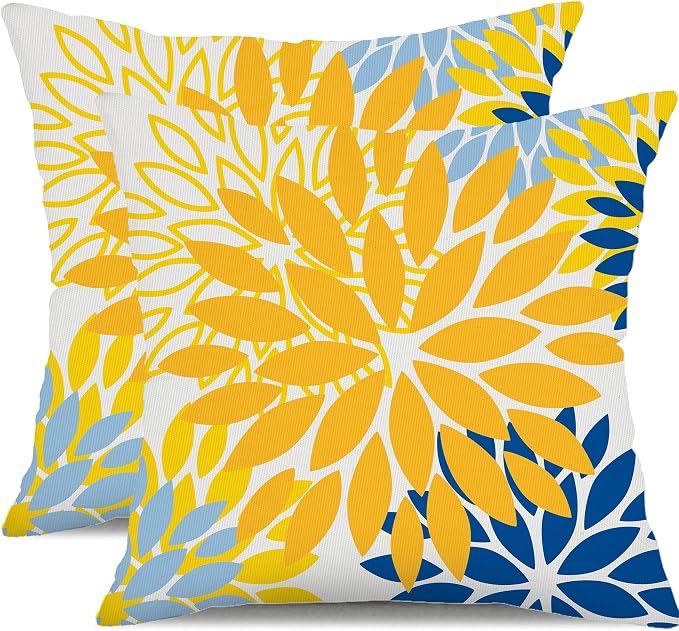 DFXSZ Outdoor Waterproof Pillow Covers 18x18 Set of 2 Yellow Blue Flower | Spring Summer Waterproof Flower Throw Pillowcases（No Inserts）Outdoor Decor for Patio Funiture Garden Polyester Covers
