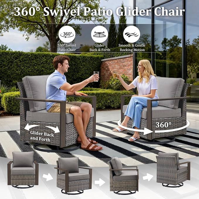 Outdoor Swivel Rocker Patio Chairs Set of 3, High Back Swivel Patio Chairs with Side Table & Metal Arm, Wicker Outdoor Bistro Set for Porch, Yard, Deck, Poolside, Grey/Grey