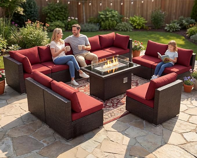 BULEXYARD 11 Piece High Back Wicker Patio Furniture Sets with Fire Pit, Luxury Extra Large Size Outdoor Seating Set, Comfortable Extra Wide Deep 10-Seater Sectional Couch Sofa for Outside, Brown & Red