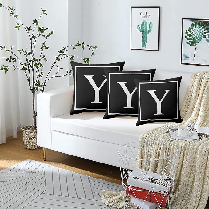 Monogram Initial Classical Black Outdoor Pillow Covers 20 x 20inches Decorative Pillow Case for Sofa Couch Bed (Pillow Insert Not Include)