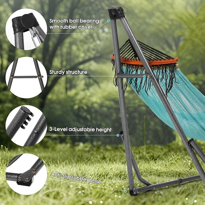 Goutime Collapsible Hammock Stand with Carry Bag, 550lbs,Portable,Sky Blue | 3 level adjustable up to 10ft, double layer hammock net, fits indoor, yard, camping, and outdoor use