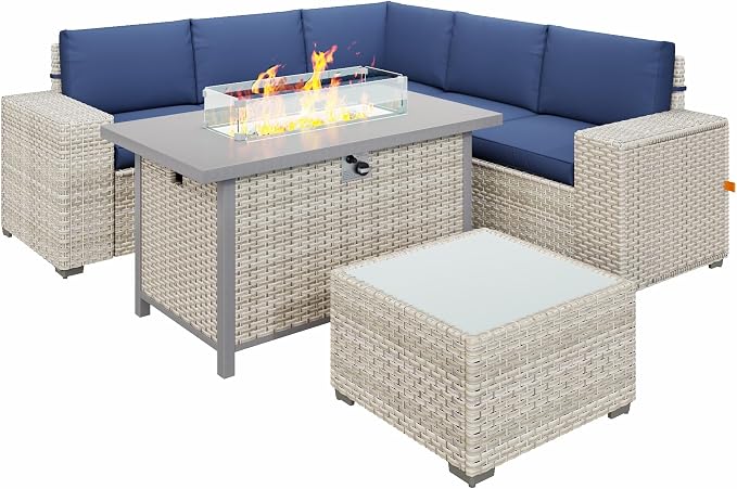 7 Piece Patio Furniture Set, 8" Wide Arm Sectional Sofa Set with 50000 BTU Propane Fire Pit Table & Coffee Table, Rattan Outdoor Conversation Set for Garden, Porch, Lawn, Blue