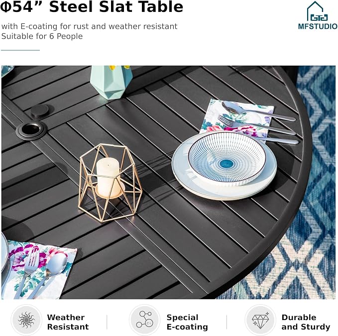 MFSTUDIO Round Patio Table and Chairs Set, Outdoor Dining Set for 6 with Umbrella Hole, 7 Piece Patio Dining Set for Deck Backyard Poolside Garden