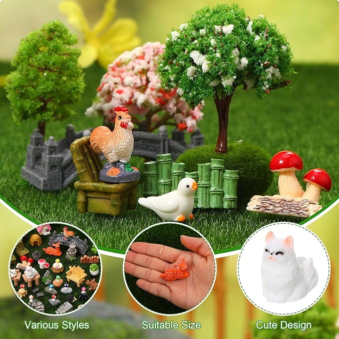 65 Pcs Fairy Garden Accessories Mini Resin Animals Figures | Miniature Table and Chairs Bridge Mushroom Pond Fence Moss Bonsai Landscape Ornaments Kit for Garden DIY Craft