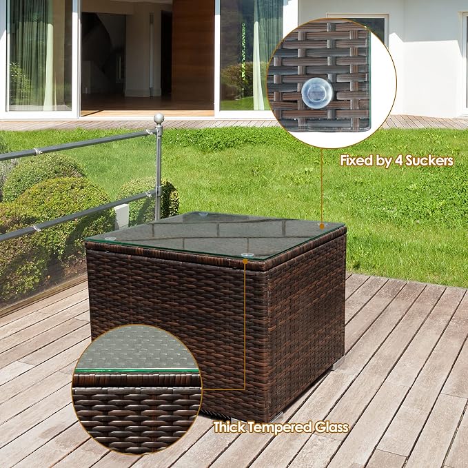 COSTWAY 3-Piece Patio Furniture Set, Outdoor Wicker Rattan Sofa with Cushions and Coffee Table with Tempered Glass, Modern Conversation Chair Set for Poolside Backyard Balcony Lawn (Black)