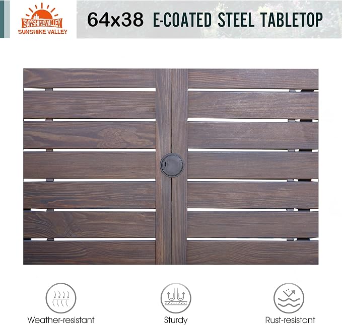 SUNSHINE VALLEY Patio Dining Set,Wood-Like Metal Table w/Umbrella Hole | 60x36 Metal Table&6 Pcs Rust-Proof Stackable Chairs, Outdoor Table and Chairs Set for Backyard Garden Deck