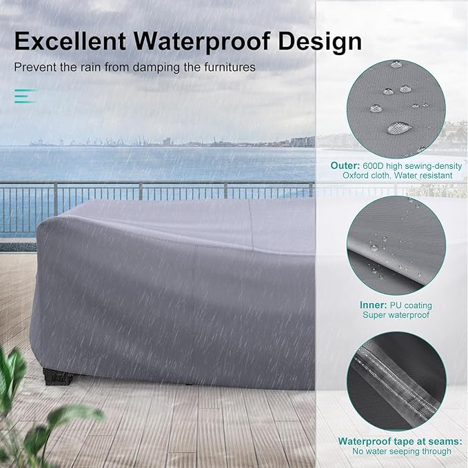 Patio Furniture Set Cover Waterproof, Heavy Duty Funiture Covers for Outdoor Sectional Sofa Set Wicker Rattan Table Chair Rectangular,111"L×74"W×28"H,Grey