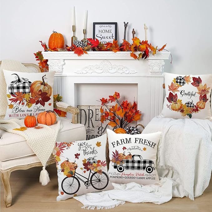 16x16 Outdoor Pillow Covers Buffalo Plaid Fall Decor Set of 4 Pumpkin Farmhouse Harvest Decorations Farm Truck Square Throw Cushion Case for Fall Thanksgiving Home Decorative Pillows Cover