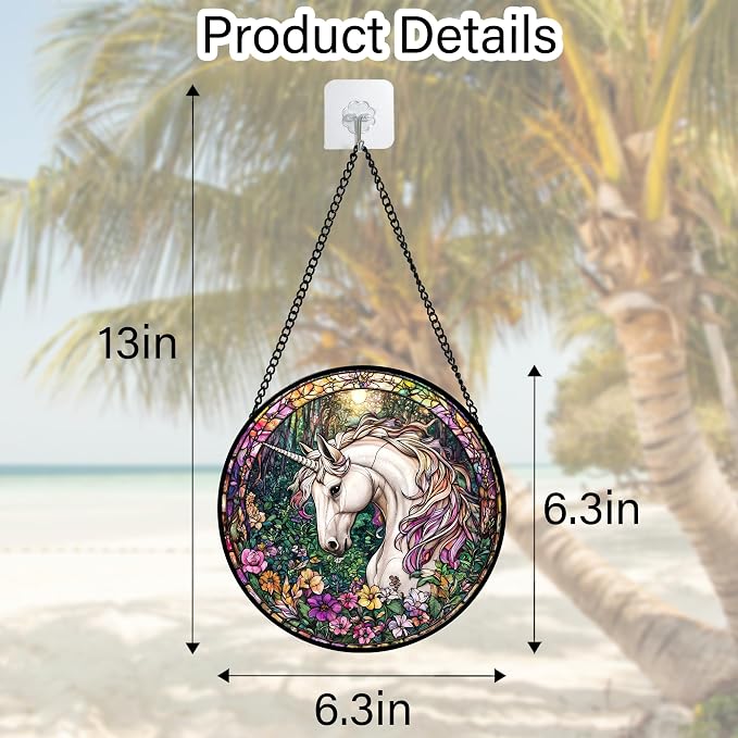 DASTOLL Stained Glass Window Hanging, Unicorn Flowers Suncatcher for Doors Home Sun Catchers Decoration and Christmas, Mother's Day Birthday Gifts for Women, Men, and Mom 6.3 in