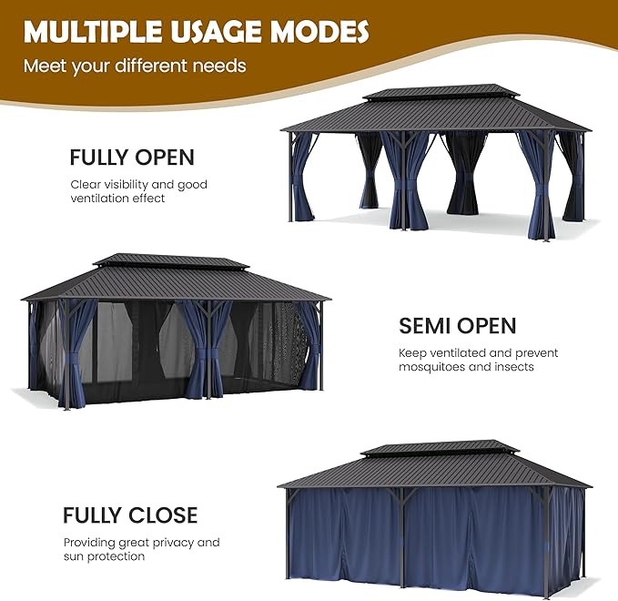 UDPATIO 12'x20' Hardtop Gazebo, Outdoor Metal Gazebo with Galvanized Steel Double Roof, Permanent Pavilion with Netting and Curtains for Lawn, Garden, Patio, Navy Blue