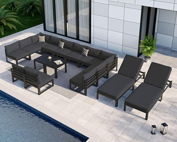 NICESOUL Large Luxury Aluminum Outdoor Sectional Sofa with Chaise, Weather Resistant Modular Patio Furniture Set for 14 People, 500 lbs Heavy Duty Conversation Couch for Poolside Deck, Dark Gray