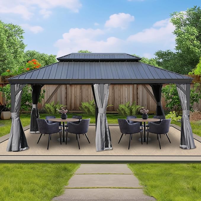 Kozyard Alexander 12' x 18' Hardtop Gazebo, Aluminum Frame with Galvanized Steel Double Roof, Outdoor Permanent Pavilion with Curtains and Netting for Patio, Backyard, Deck, Lawn(Gray)