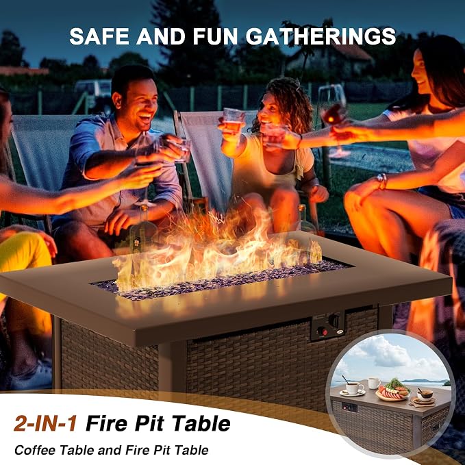 Outdoor Sectional Furniture, 5 Piece Patio Furniture Set with 42-inch Fire Wicker Propane Fire Pit Table - All Weather Wicker Rattan Couch Sofa Conversation Set for Backyard Lawn Poolside Deck, Red