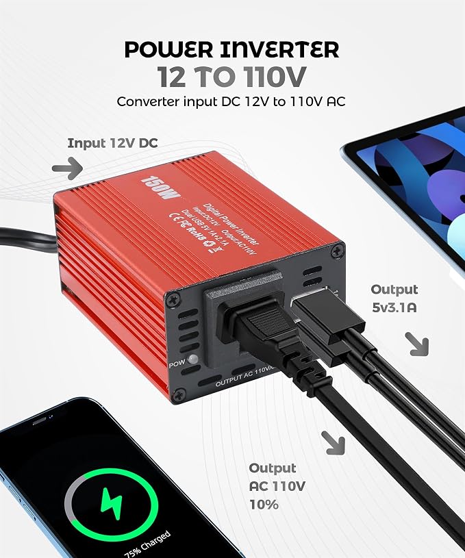 Power Inverters for Vehicles,Car Accessories,150W Car Power Inverters with 3.1A Dual USB,12V DC to 110V AC Converter Vehicle Adapter,Suitable for Most Cars,RVs,Trucks and More