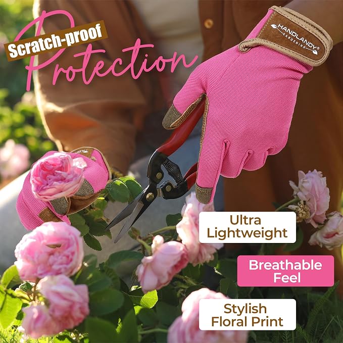 HANDLANDY Gardening Gloves for Women, Leather Garden Glove, Gardener Gift | Breathable Floral Ladies Leather Garden Yard Gloves, for Trimming, Weeding, Digging, Planting, Pruning