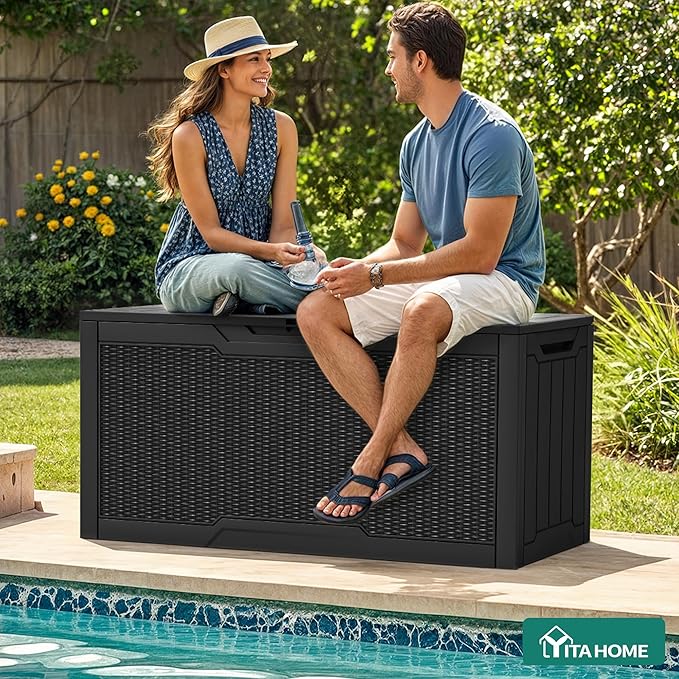 YITAHOME 80 Gallon Resin Deck Box, Weather Resistant Outdoor Rattan Storage Box, Lockable Indoor Outdoor Storage for Supplies and Essentials, Black