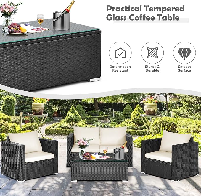 COSTWAY 4-Piece Patio Rattan Furniture Set, Cushioned Sofa Chair, Loveseat and Coffee Table with Tempered Glass Top, Outdoor Conversation Sets for Garden Poolside Balcony Porch (White)
