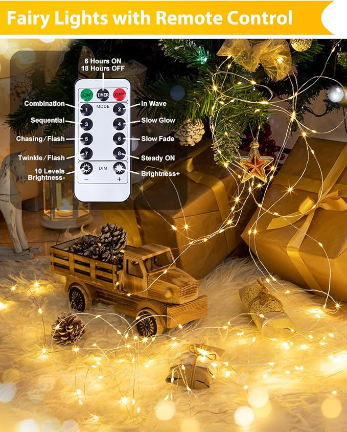 6 Pack 100 LED Fairy Lights Battery Operated with Remote, 33 FT Warm White | Cuttable, 8 Modes, Memory, Dimmable, Waterproof Battery String Lights with Timer for Indoor Outdoor, Christmas Decorations