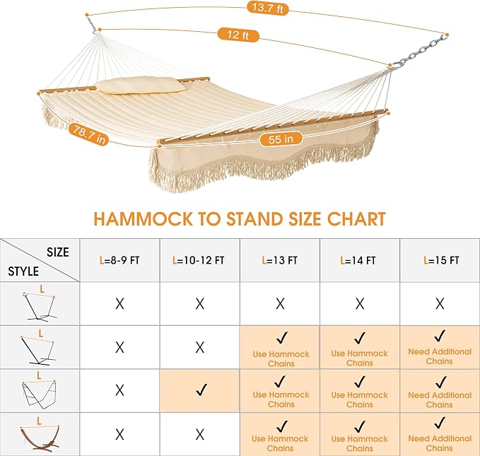 Lazy Daze Hammocks 12 FT Double Quilted Fabric Hammock with Hardwood Spreader Bar, Tassels, Soft Pillow, Chains, 2 Person Hammock for Outside Patio Backyard Poolside, 450 LBS Weight Capacity, Cream