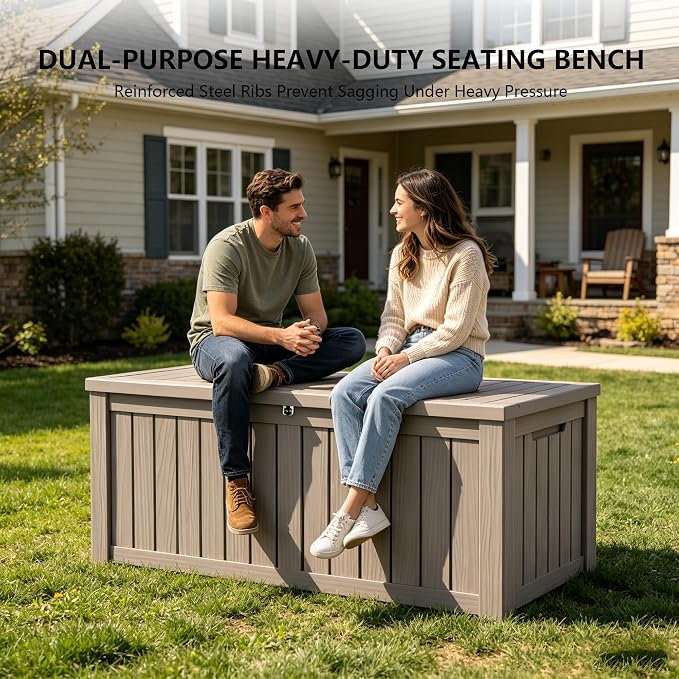 Outdoor Storage Box, 150 Gallon Waterproof Deck Box [Upgraded 3.0], Piston-Assisted Resin Trunk for Sectional Sofa Cushions, High-Capacity Lockable Double Storage Bench, Patio Lounge, Grey